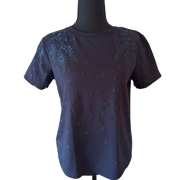 RESERVED Navy Embroidered Short Sleeve Top Size XS - Picture 1 of 5